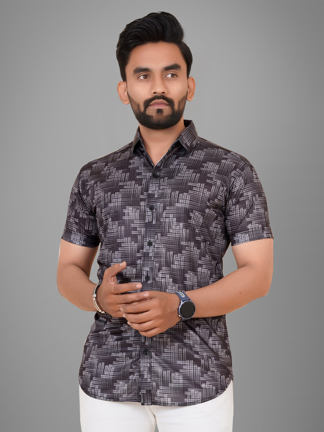 

Metronaut Men Slim Fit Spread Collar Abstract Printed Casual Shirt, Grey
