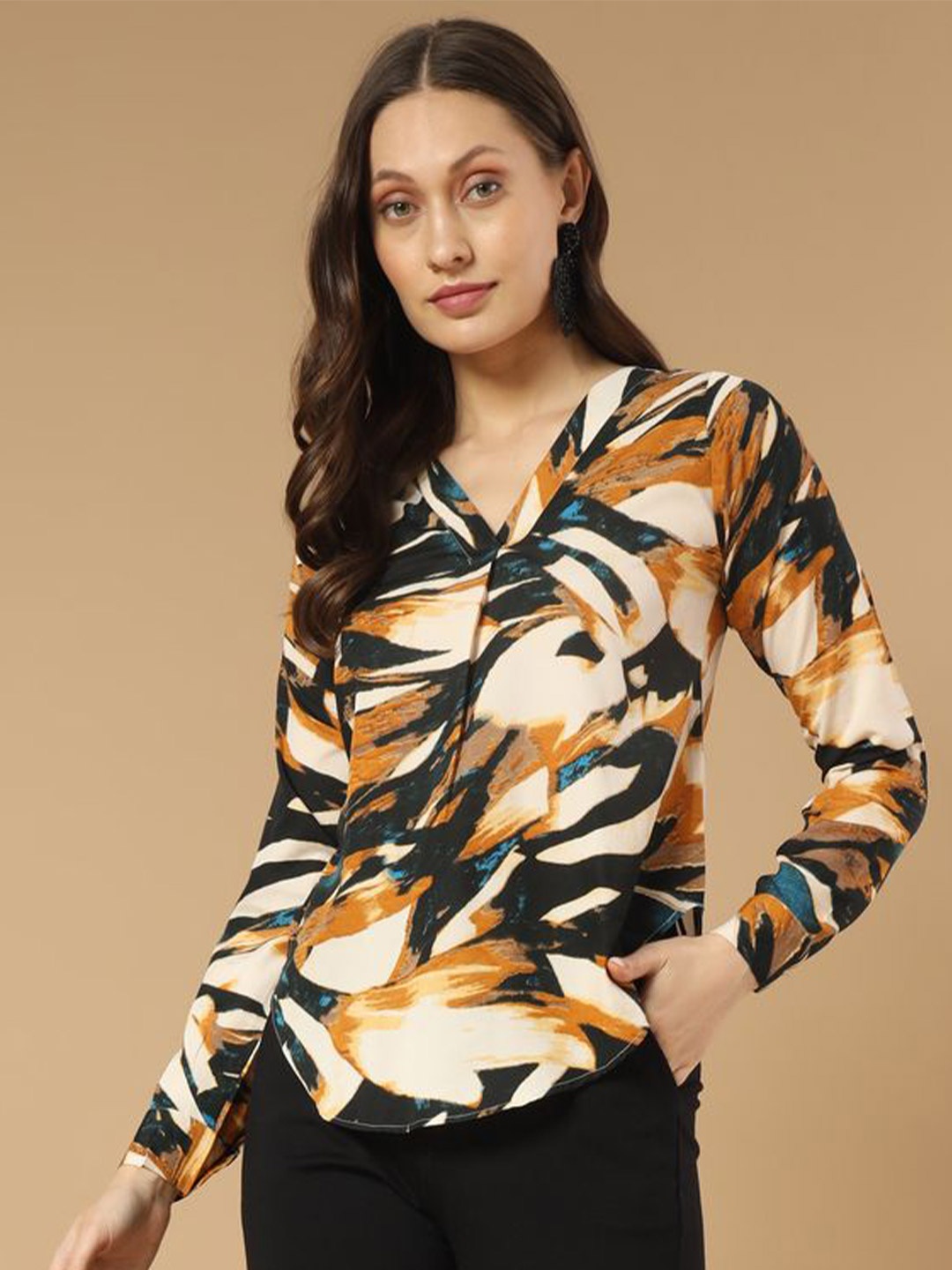 

ZWERLON Women V-Neck Abstract Printed Regular Top, Yellow