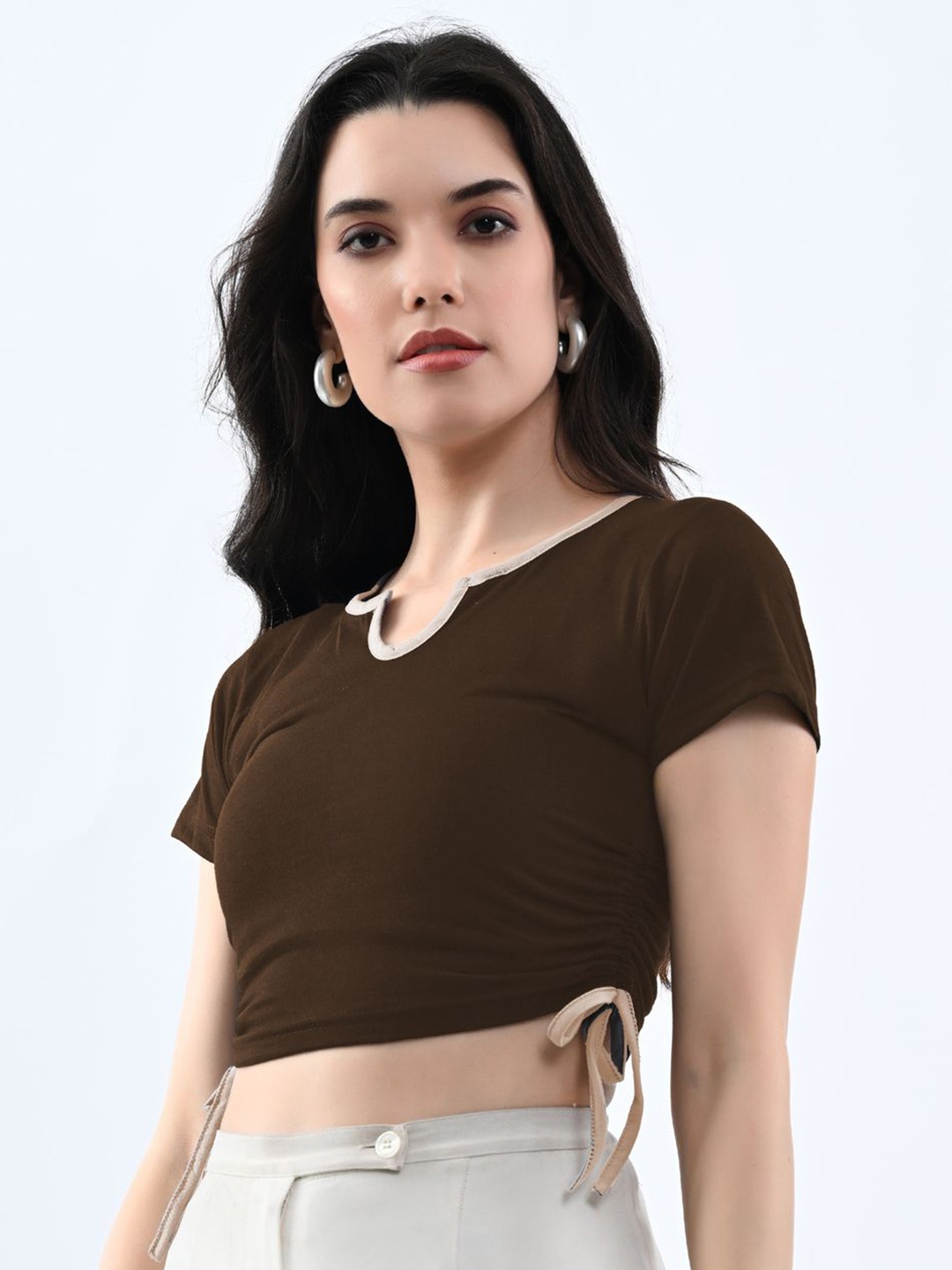 

Moda Rapido Women Solid Round Neck Cotton Top, Brown