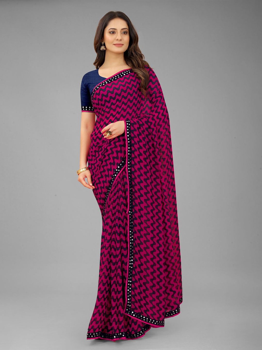 

Moda Rapido Leheriya Mirror Work Pure Georgette Leheriya Saree, Pink