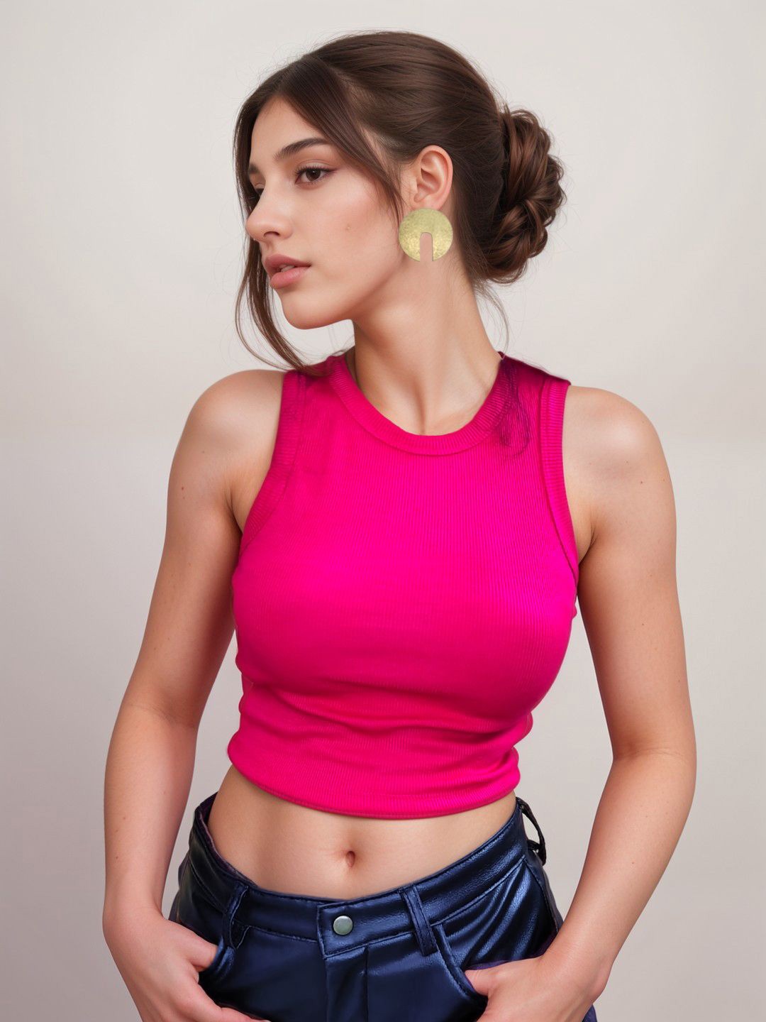 

Classy Hangers Women Ribbed Round Neck Crop Top, Pink