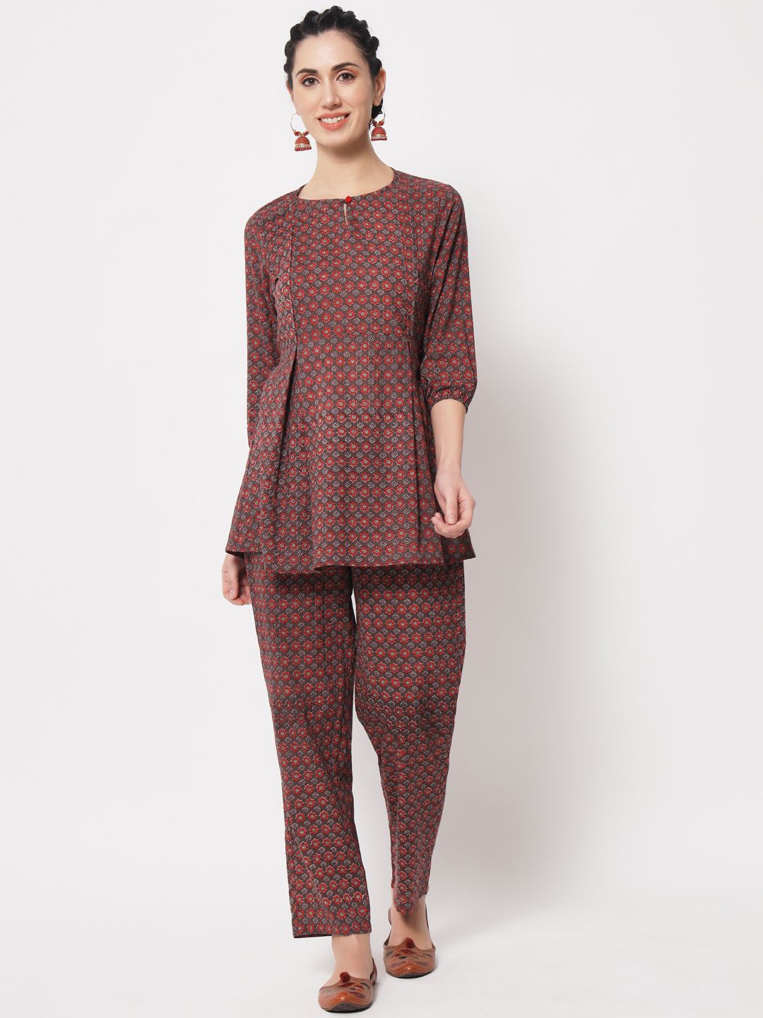 

COTNUF Printed Maternity Feeding Tunic With Trousers Co-Ord Set, Maroon