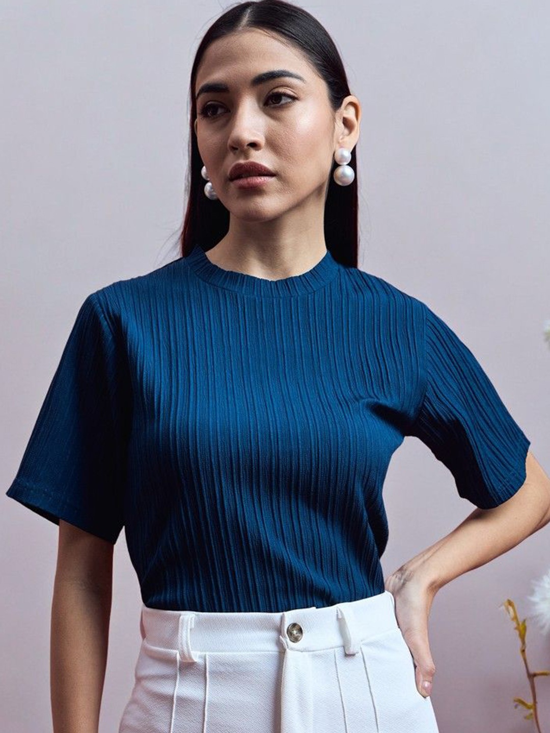 

ANJIR Women Round Neck Textured Top, Turquoise blue
