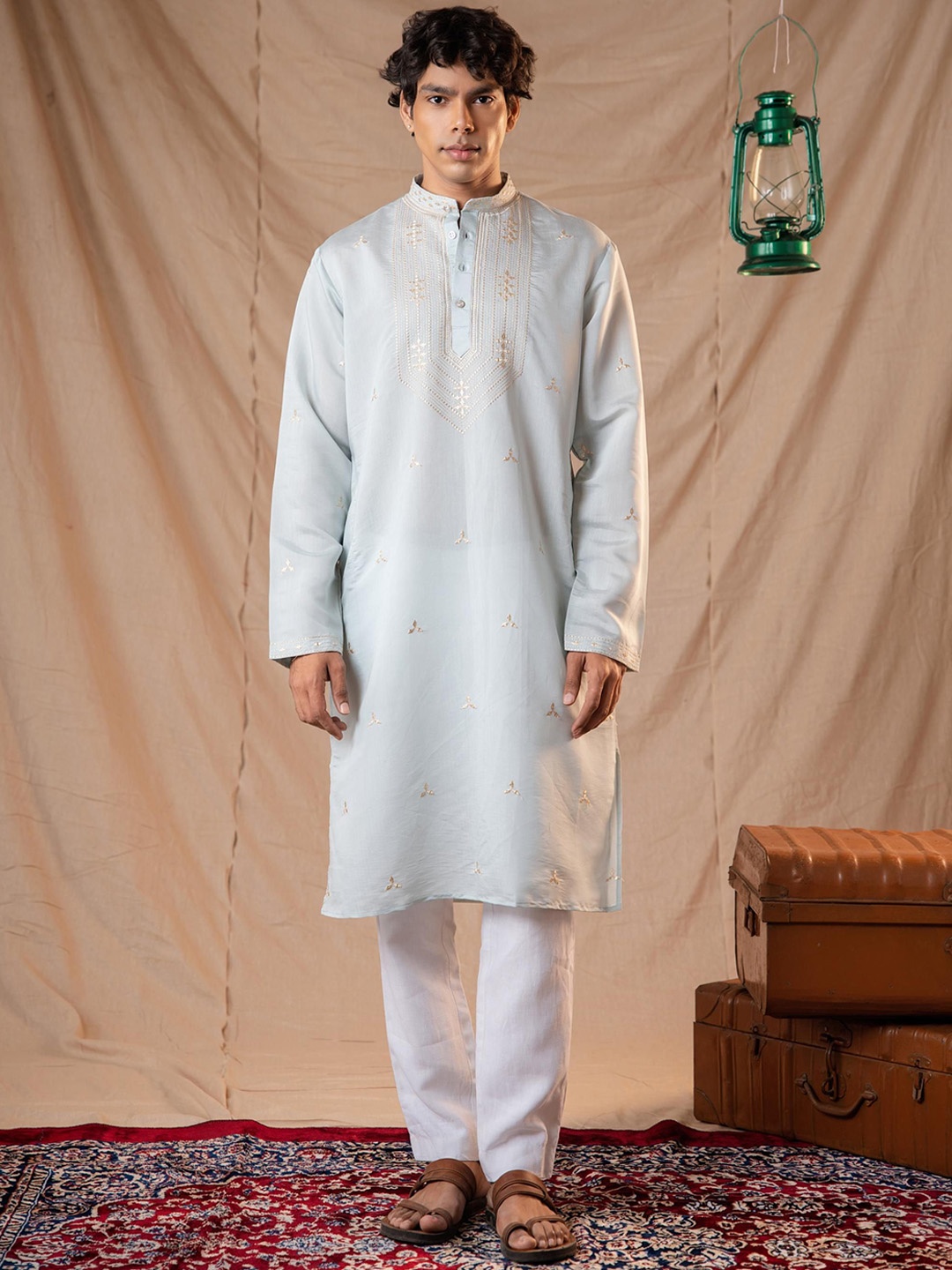 

5 Stitch Ethnic Motifs Embroidered Band Collar Straight Kurta With Pyjamas, Blue