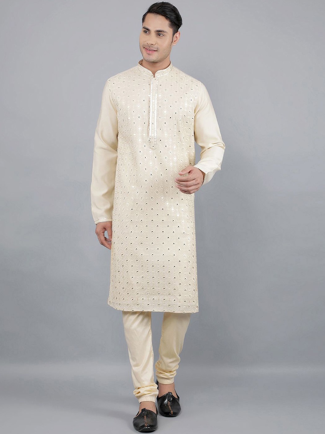 

Manish Creations Floral Embroidered Mandarin Collar Jacquard Straight Kurta With Churidar, Cream