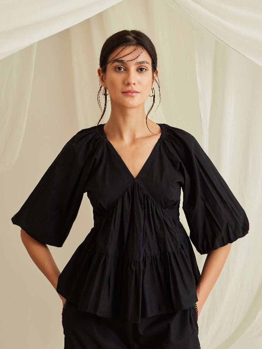 

Abhishti Women Balloon Sleeve Tiered cotton Empire Top-Midnight Black