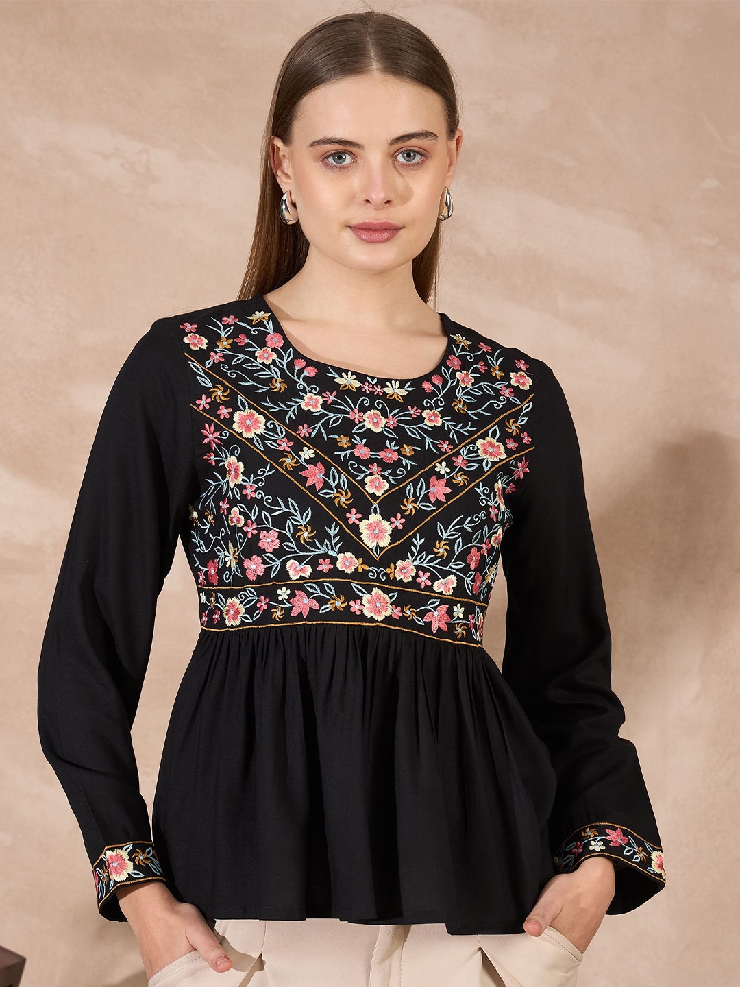 

all about you Women Floral Embroidered Round Neck Top, Black