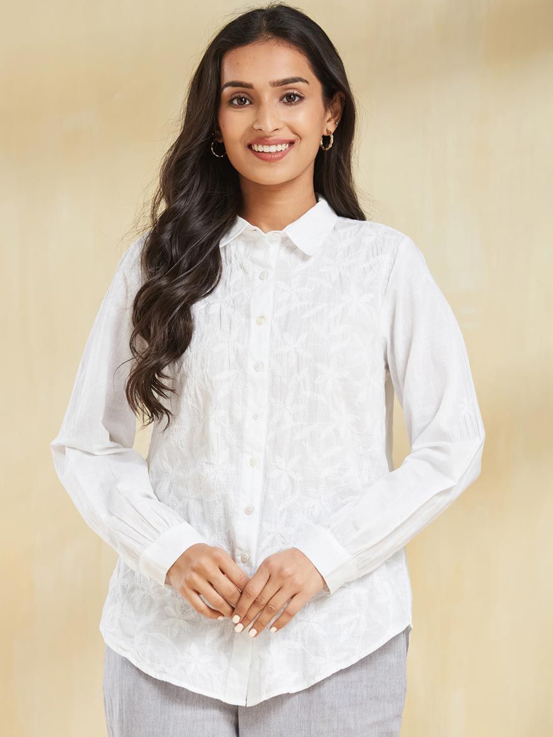 

Fabindia Women Spread Collar Textured Cotton Casual Shirt, White