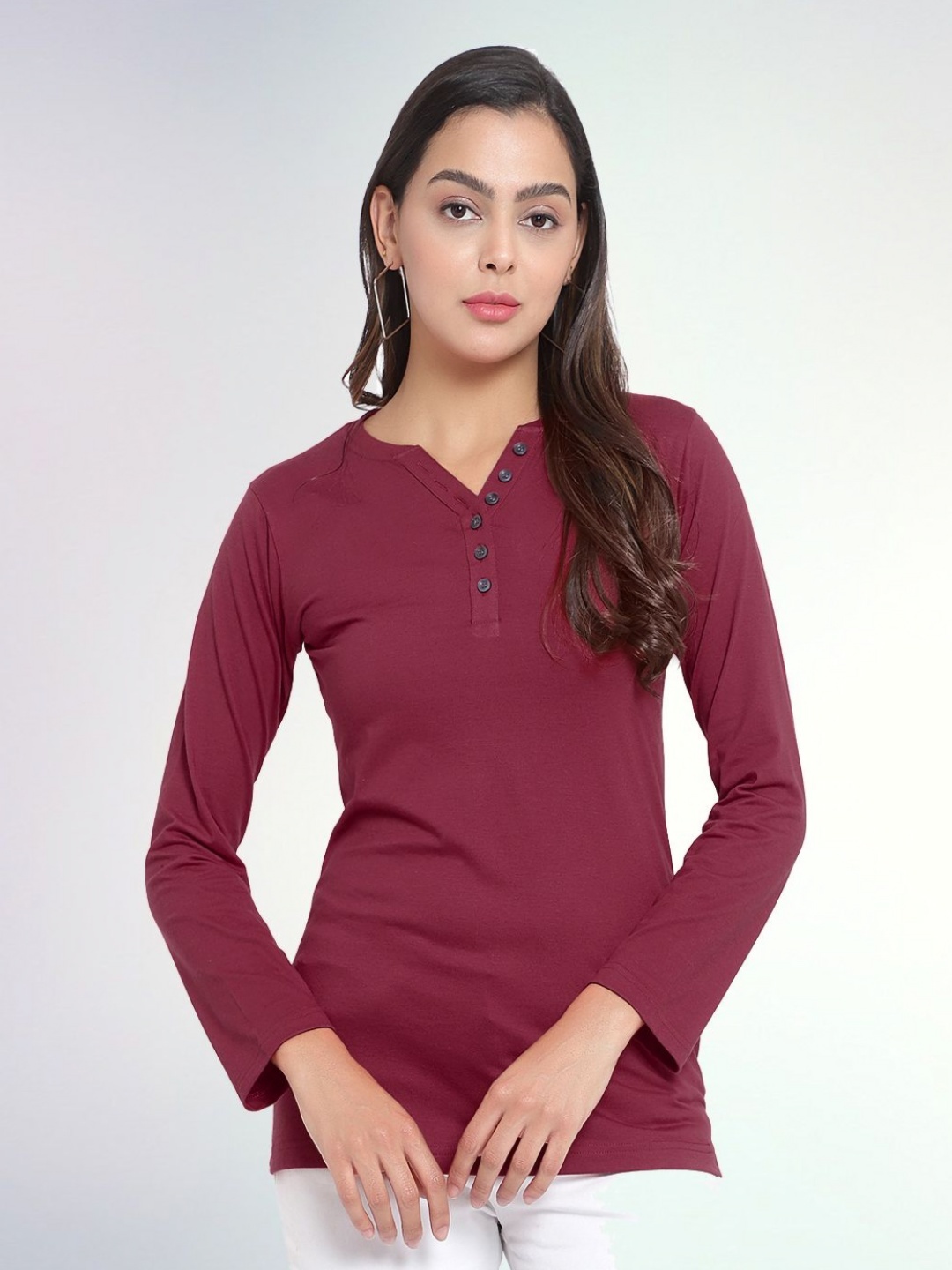 

Boldwink Women Solid V-Neck Cotton Slim Fit T-shirt, Burgundy