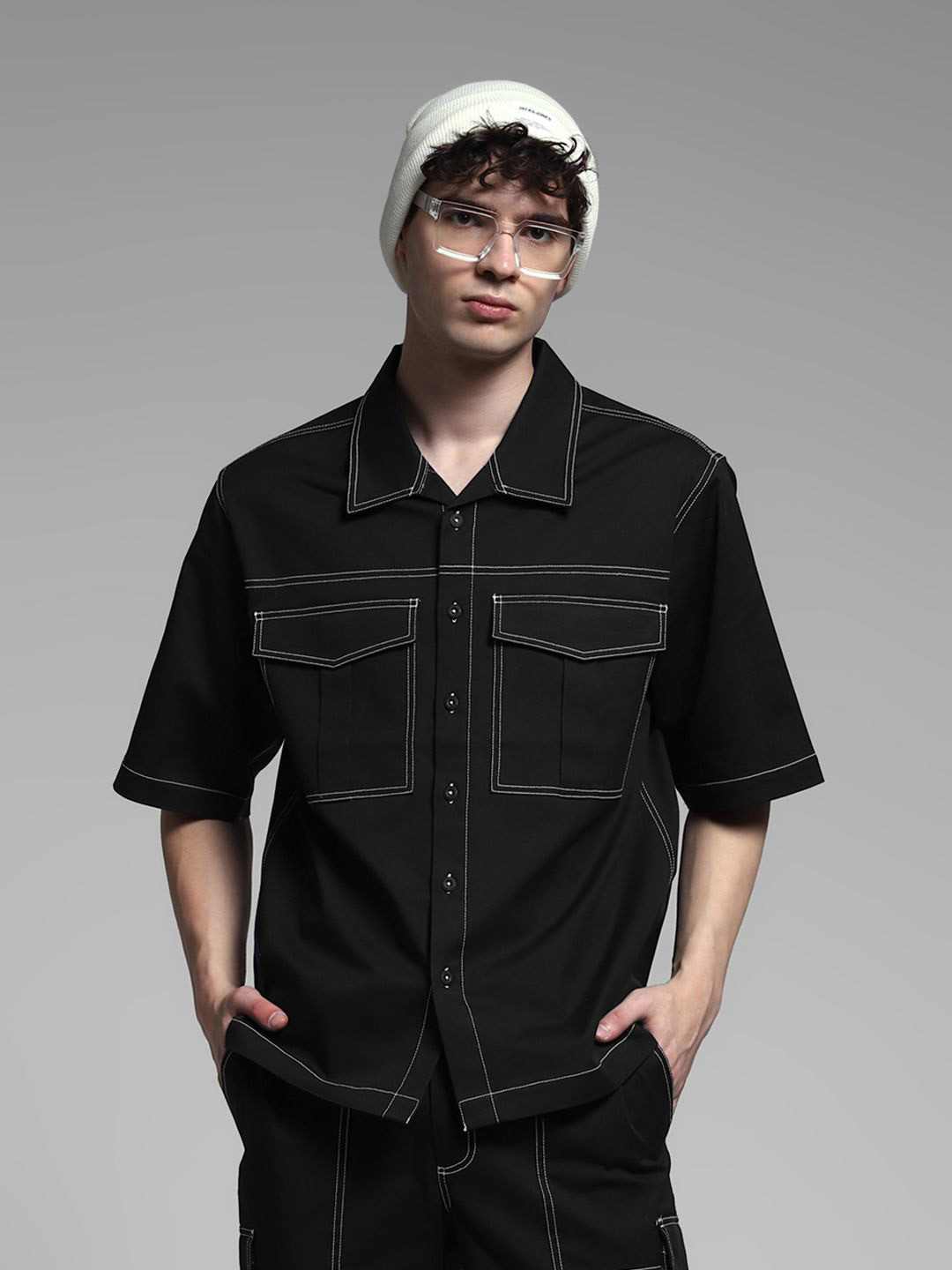 

Jack & Jones Men Relaxed Fit Spread Collar Solid Cotton Casual Shirt, Black