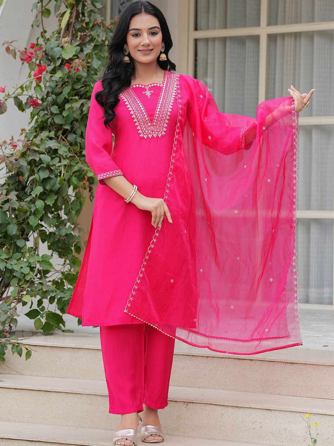 

CELEBRAVO Embroidered Sequinned V-Neck Straight Kurta With Trousers And Dupatta, Pink