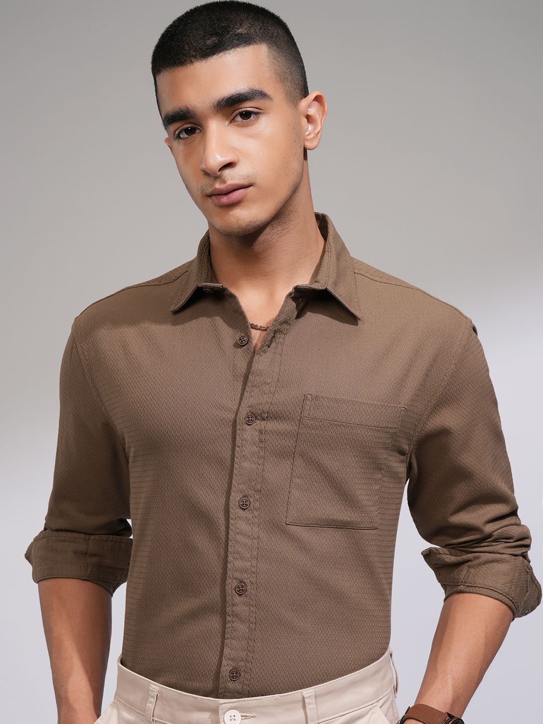 

HIGHLANDER Men Spread Collar Textured Cotton Formal Shirt, Brown