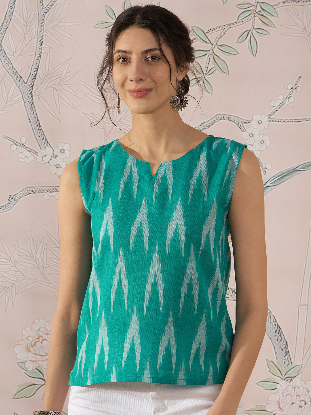 

InWeave Women Ikat Printed Cotton Top, Green