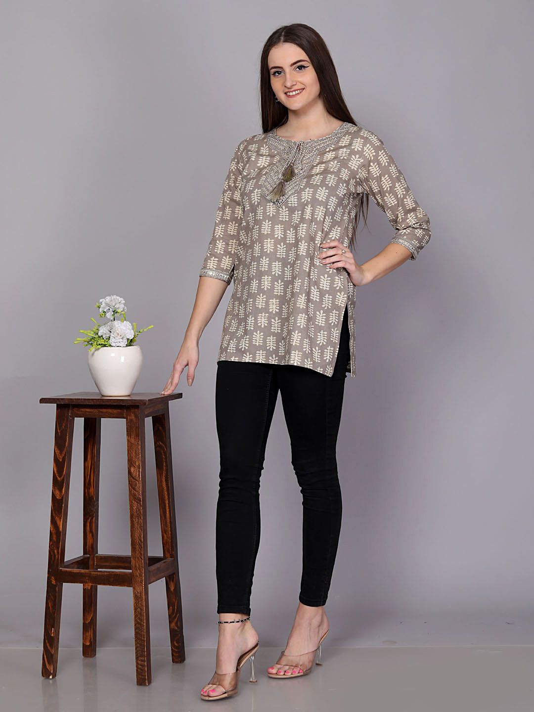

HIGHLIGHT FASHION EXPORT Women Abstract Printed Pure Cotton Tunic, Taupe