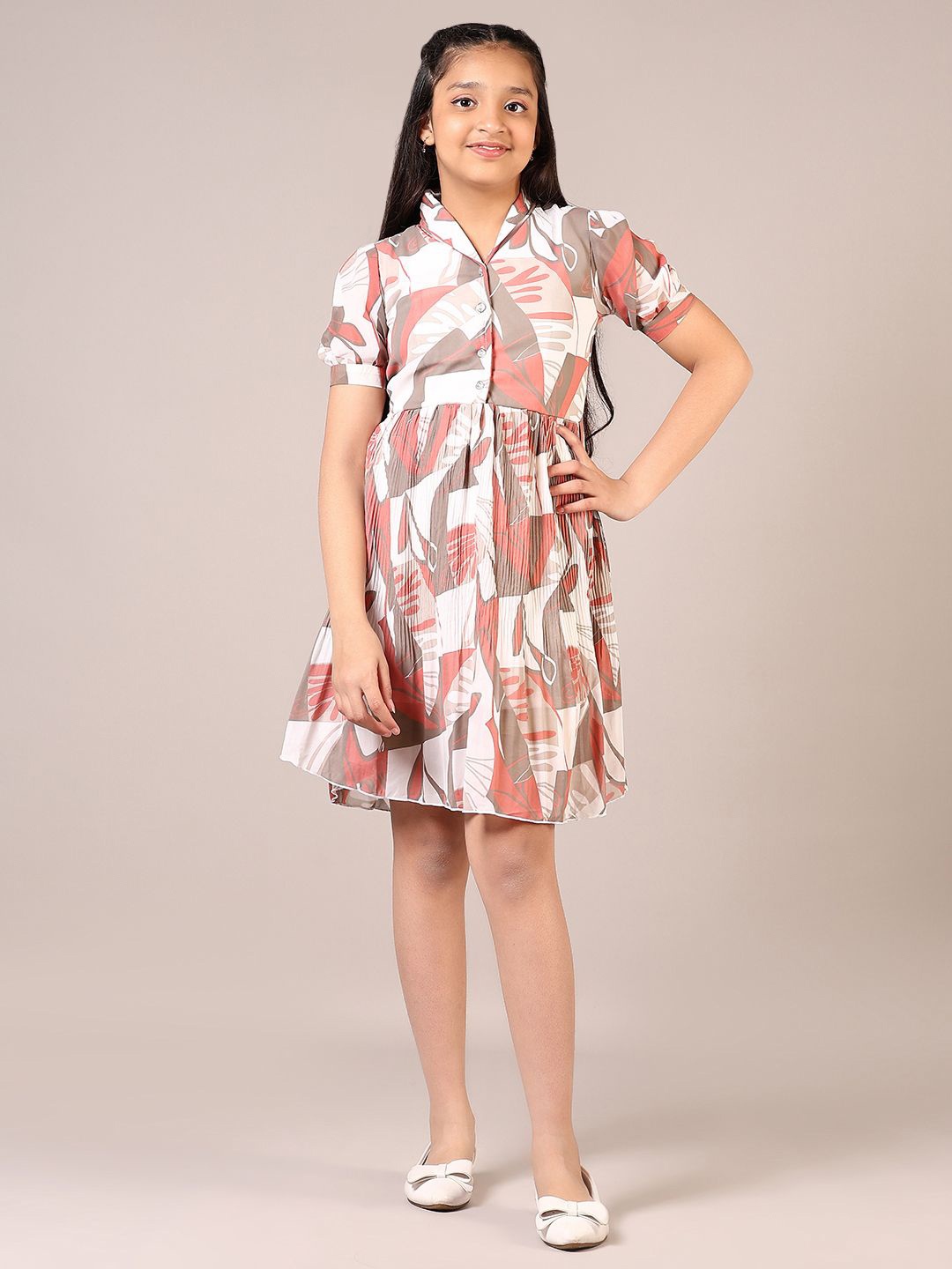 

V-Mart Girls Abstract Printed Fit and Flare Dress, Beige