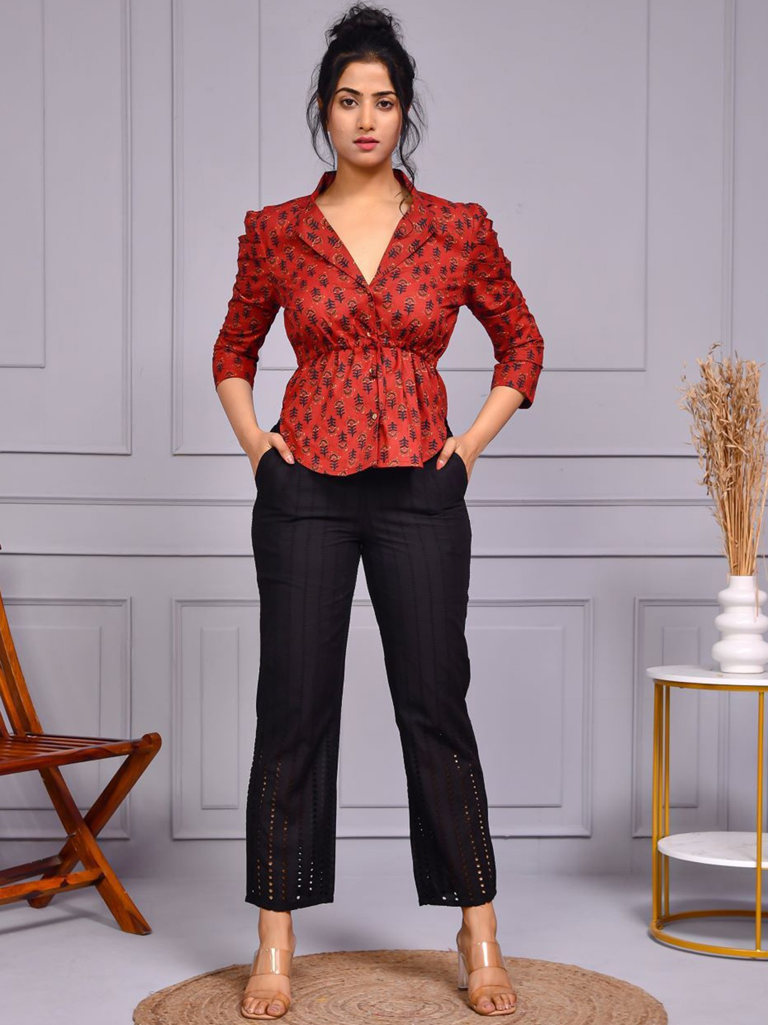 

Aspriya Women Self Design Relaxed Easy Wash Trousers, Black