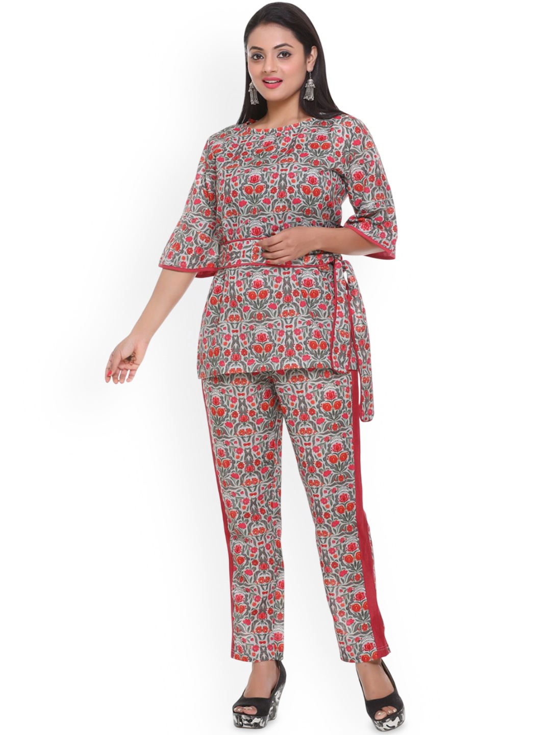 

BeriBlu Floral Printed Round Neck Pure Cotton Top With Trouser, Grey