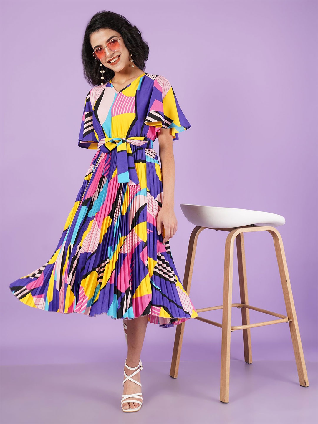 

ZWERLON Women Printed Flared Sleeve A-Line Midi Dress, Blue
