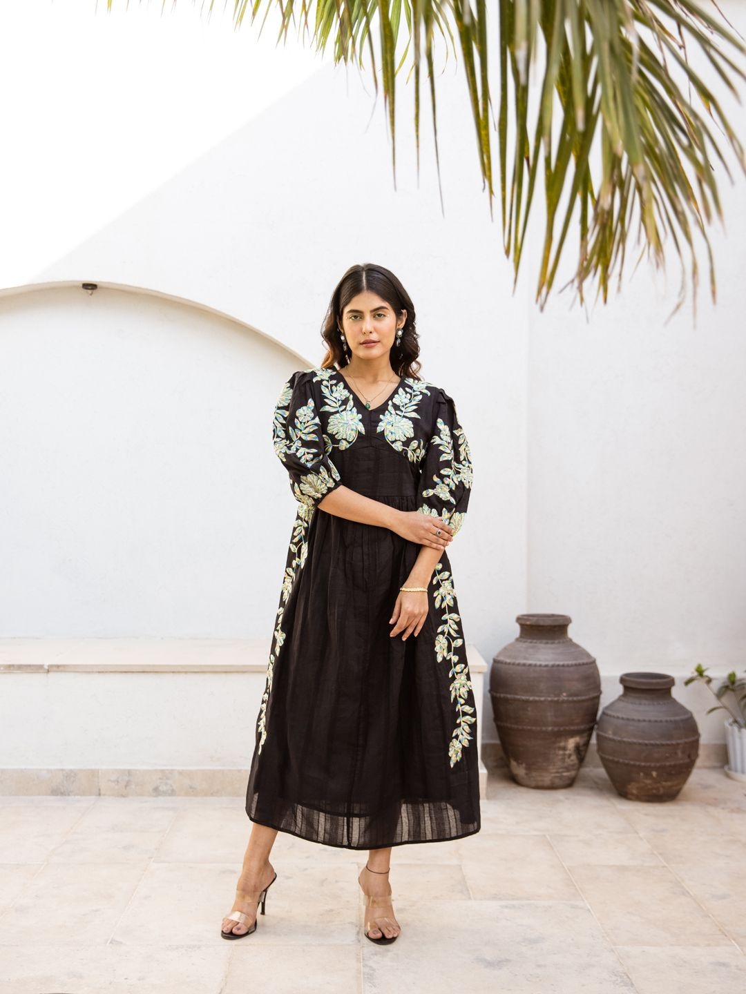 

CUSTARD Women Cotton Embroidered Puff Sleeve A-Line Dress, Black