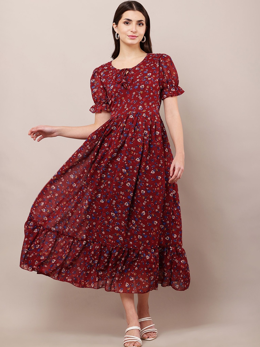 

BAESD Floral Print Puff Sleeve Georgette Fit & Flare Midi Dress, Maroon