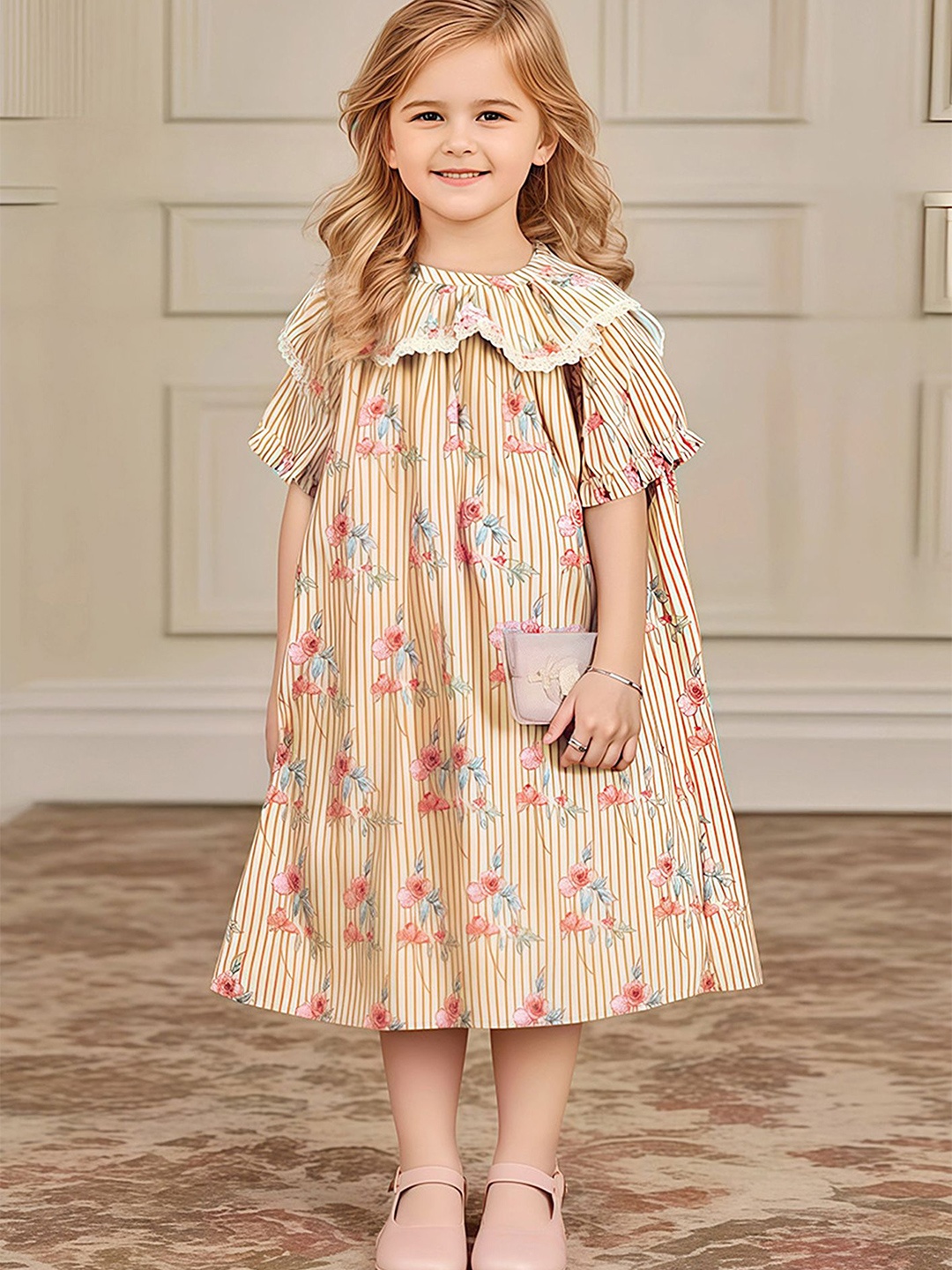 

LULU & SKY Girls Floral Printed Round Neck Puff Sleeves Dress, Yellow