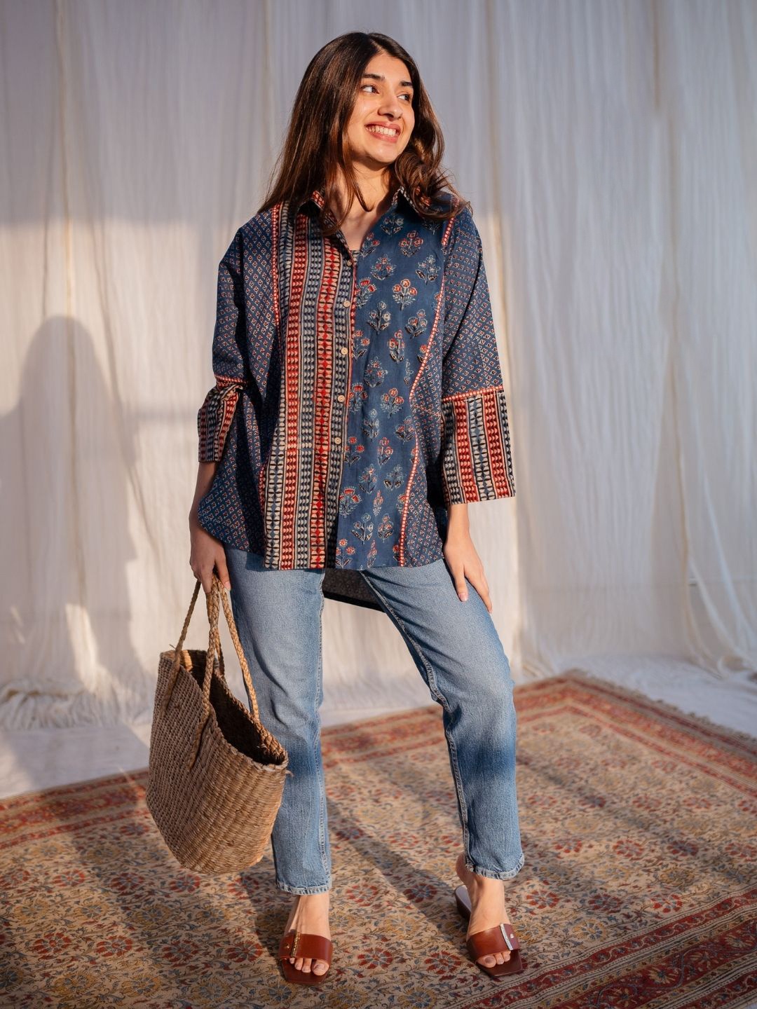 

THE INDIAN ETHNIC CO Indigo Loose Ajrakh Cotton Shirt, Navy blue
