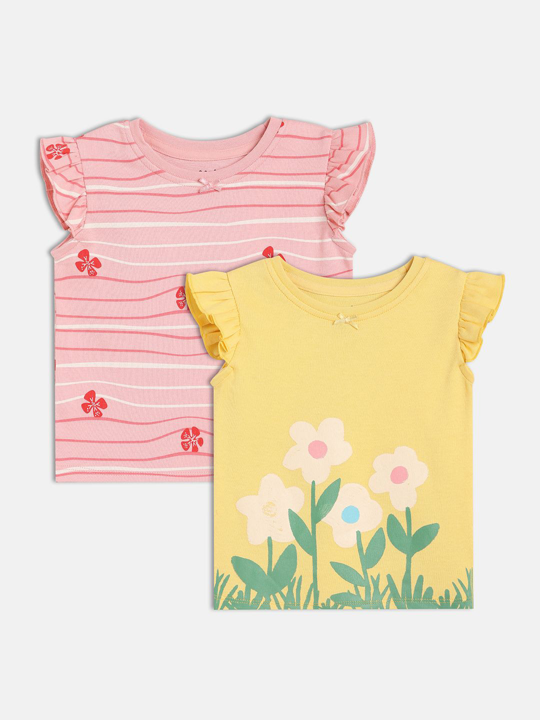 

MINI KLUB Girls Pack Of 2 Floral Printed Round Neck Cotton Tops, Pink