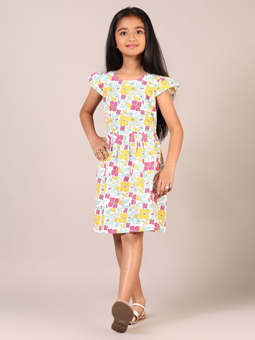 

V-Mart Girls Floral Printed Round Neck Cotton A-Line Dress, White