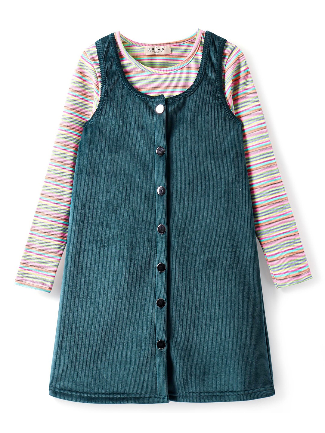 

ARIAS By LARA DUTTA Girl Striped Dress Dress with Ribbed Inner Tee, Green