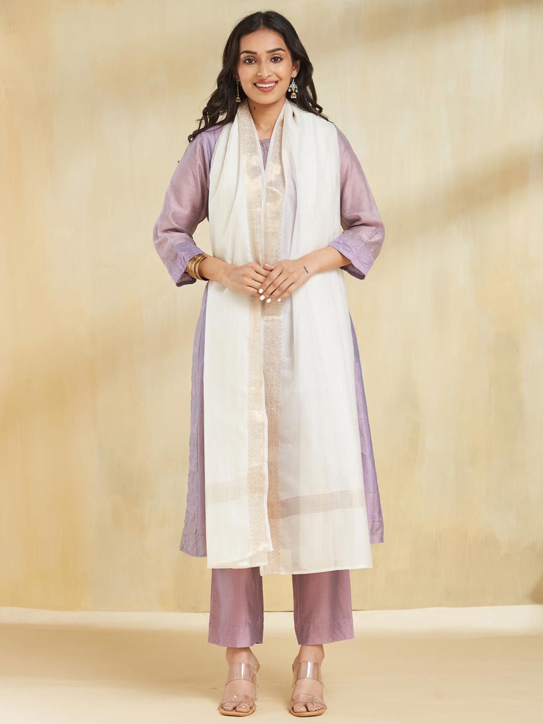 

Fabindia Woven Design Border Cotton Silk Dupatta, White