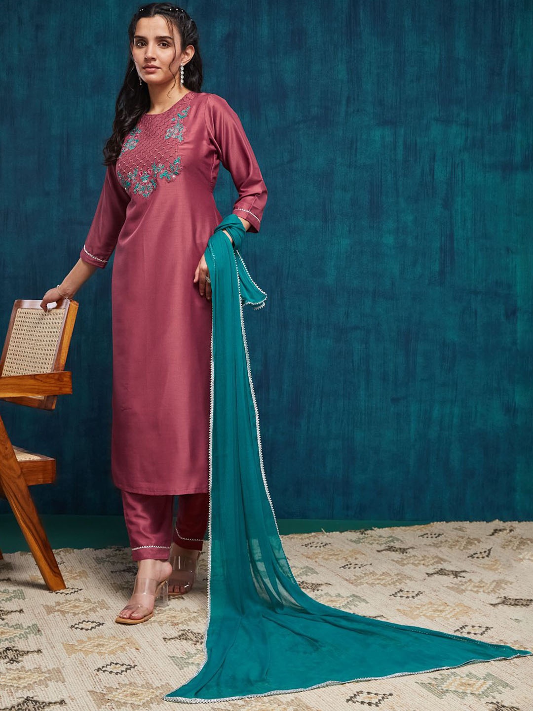 

SANSKAR Floral Embroidered Round Neck Sequinned Straight Kurta With Trouser & Dupatta, Peach