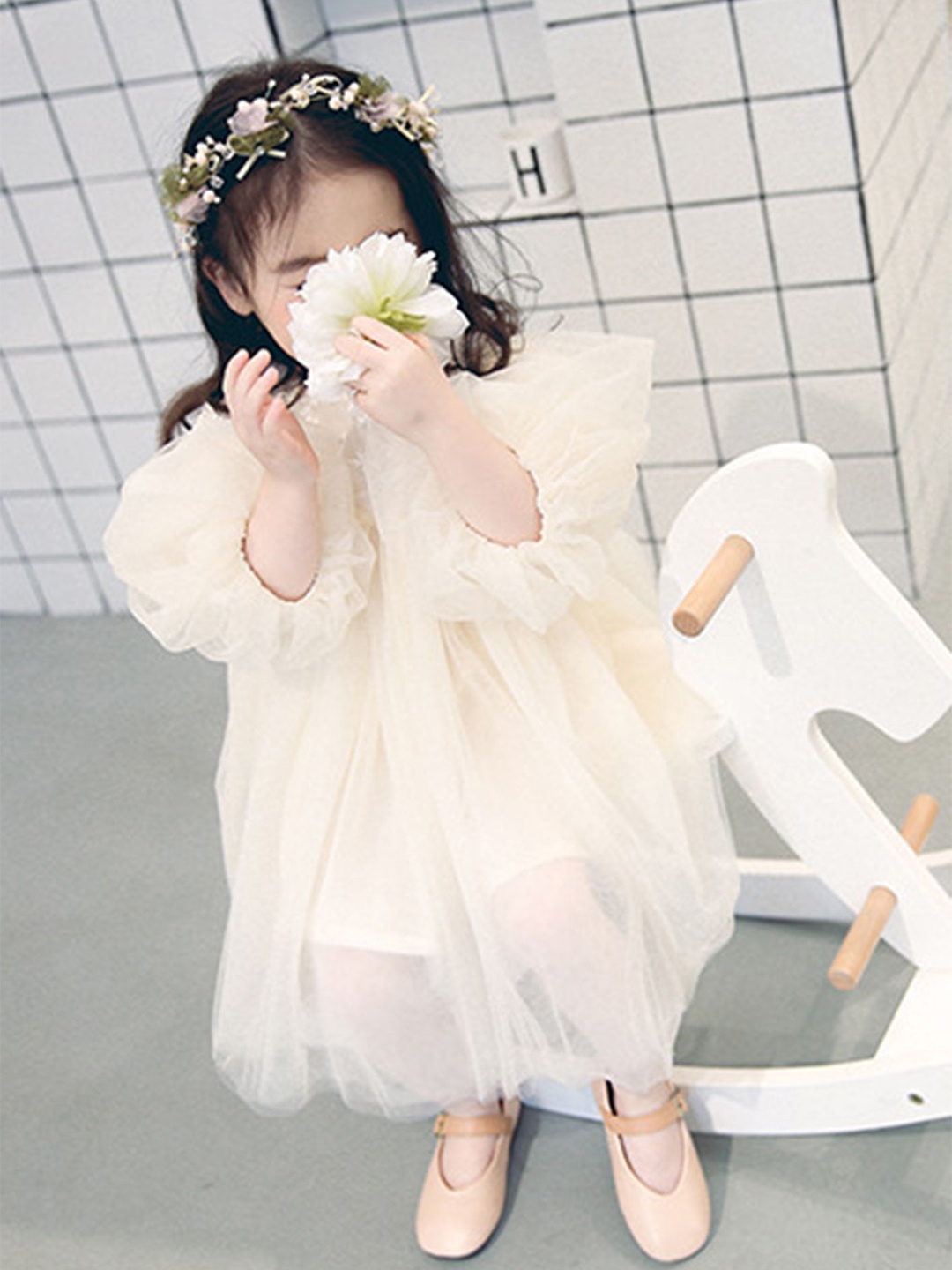 

LULU & SKY Girls Solid A-Line Puff Sleeves Dress, Beige