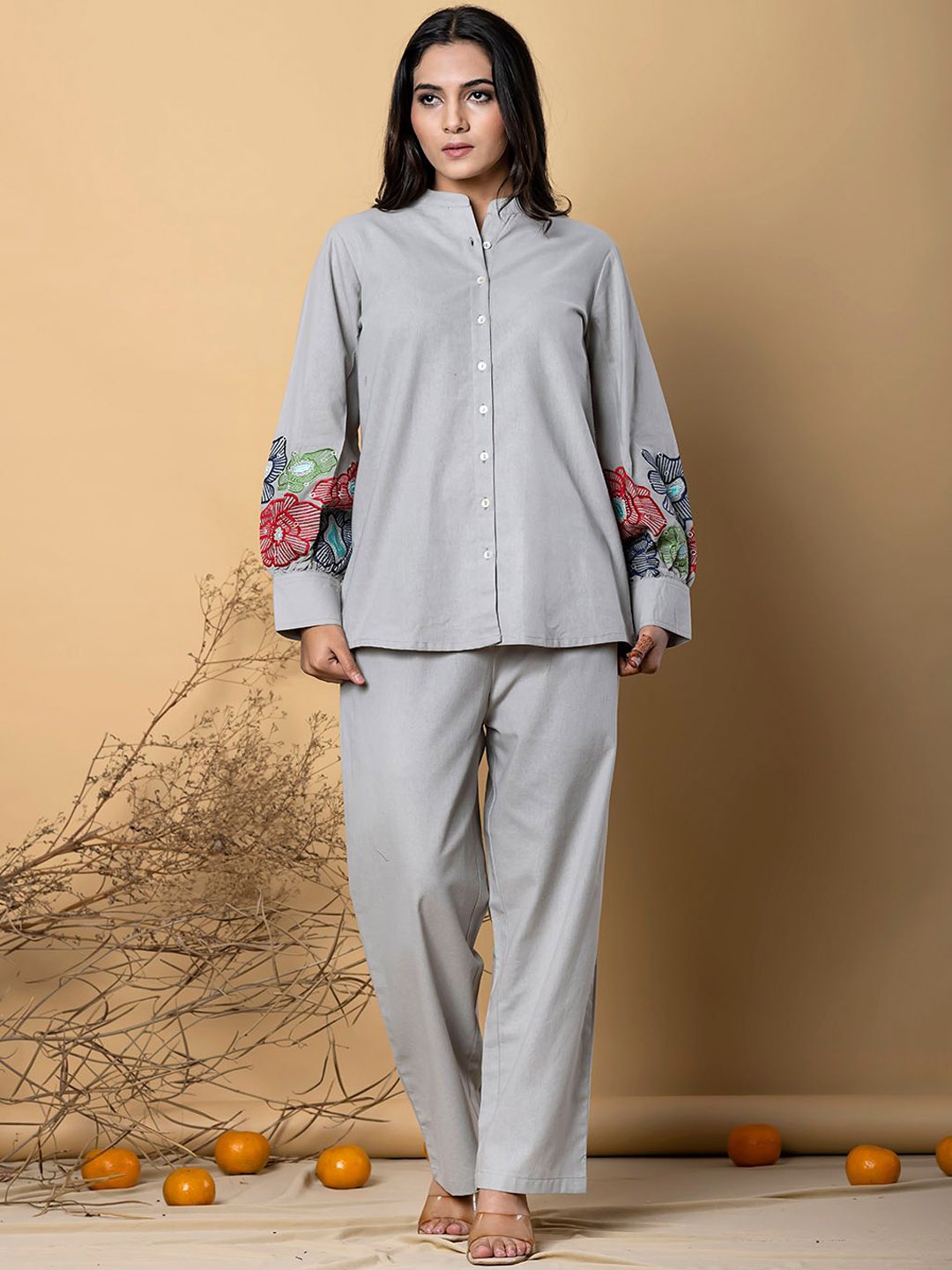 

Readiprint Floral Embroidered Mandarin Collar Shirt With Trousers, Grey