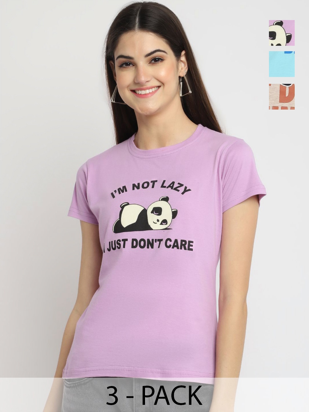 

Dreambe Women Pack Of 3 Graphic Printed Round Neck Cotton T-shirts, Lavender