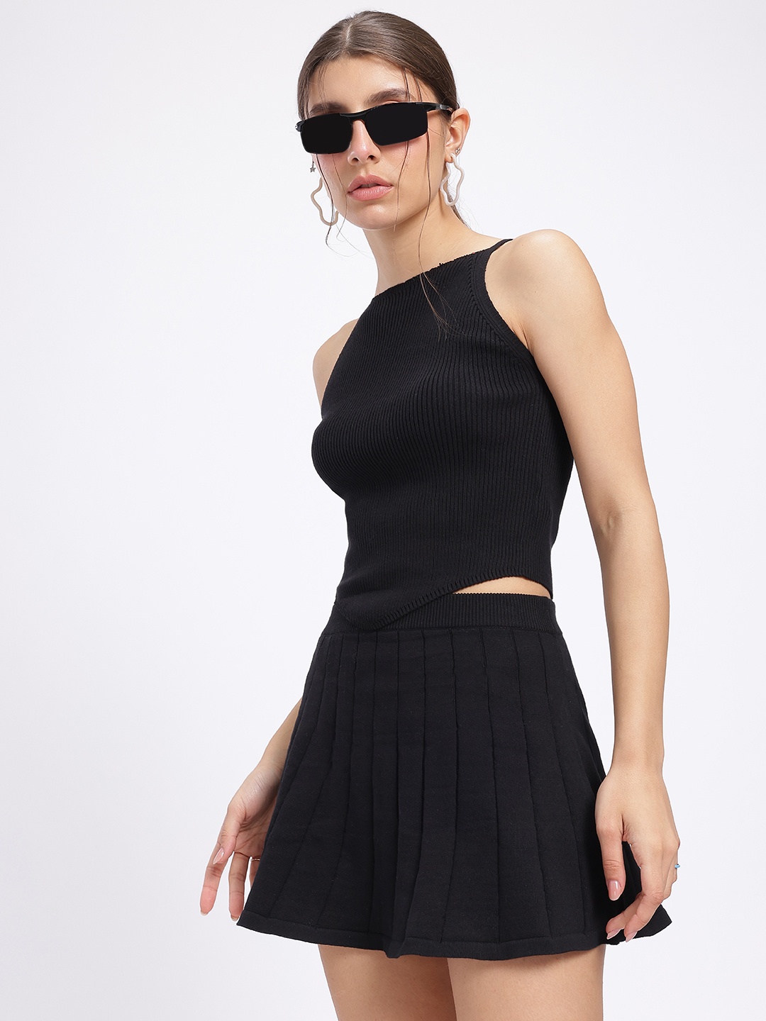 

glitchez Ribbed Boat Neck Pure Cotton Top and Tennis Skirt Co-Ord Set, Black