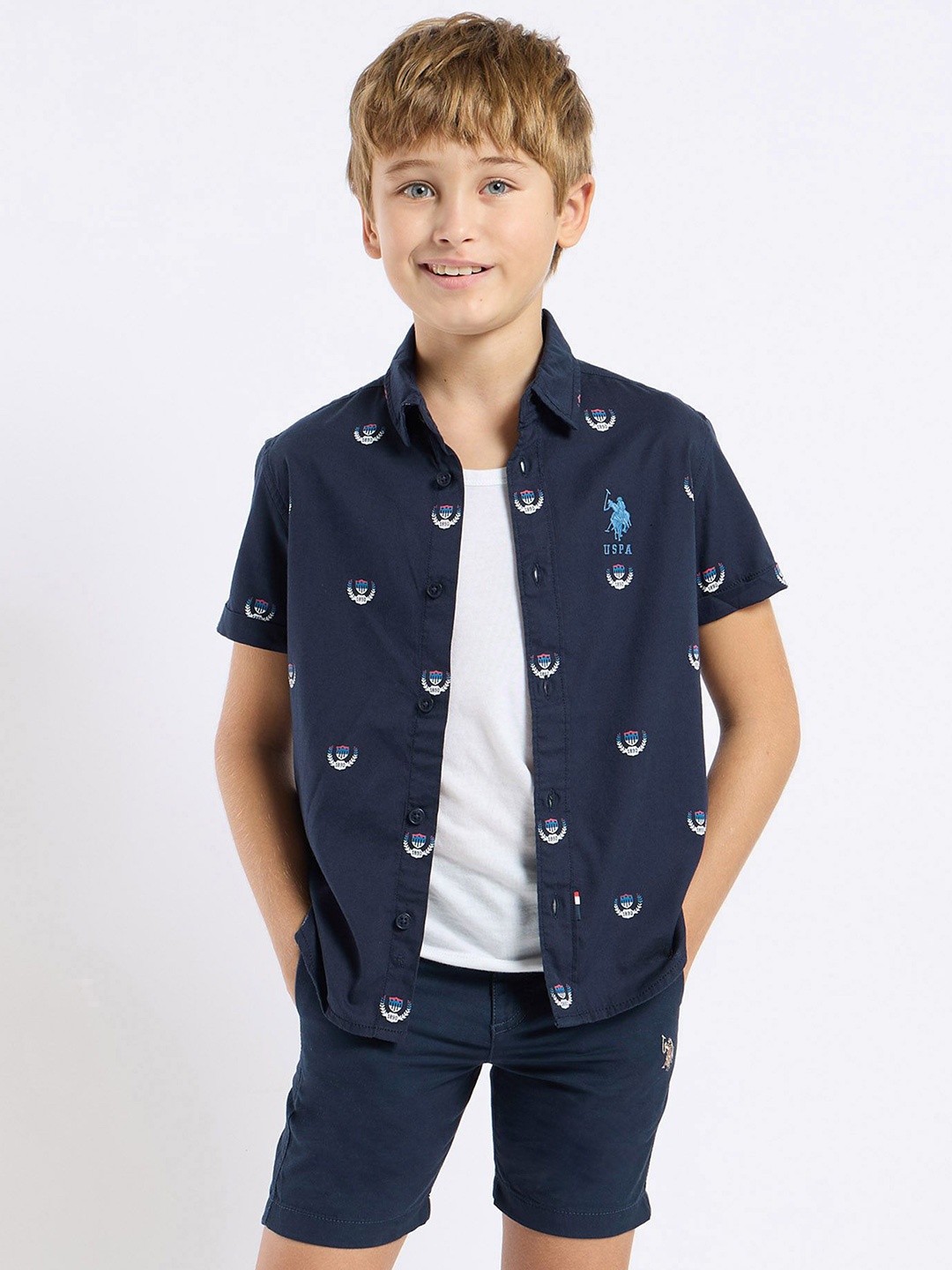 

U.S. Polo Assn. Kids Boys Classic Fit Conversational Printed Cotton Casual Shirt, Blue