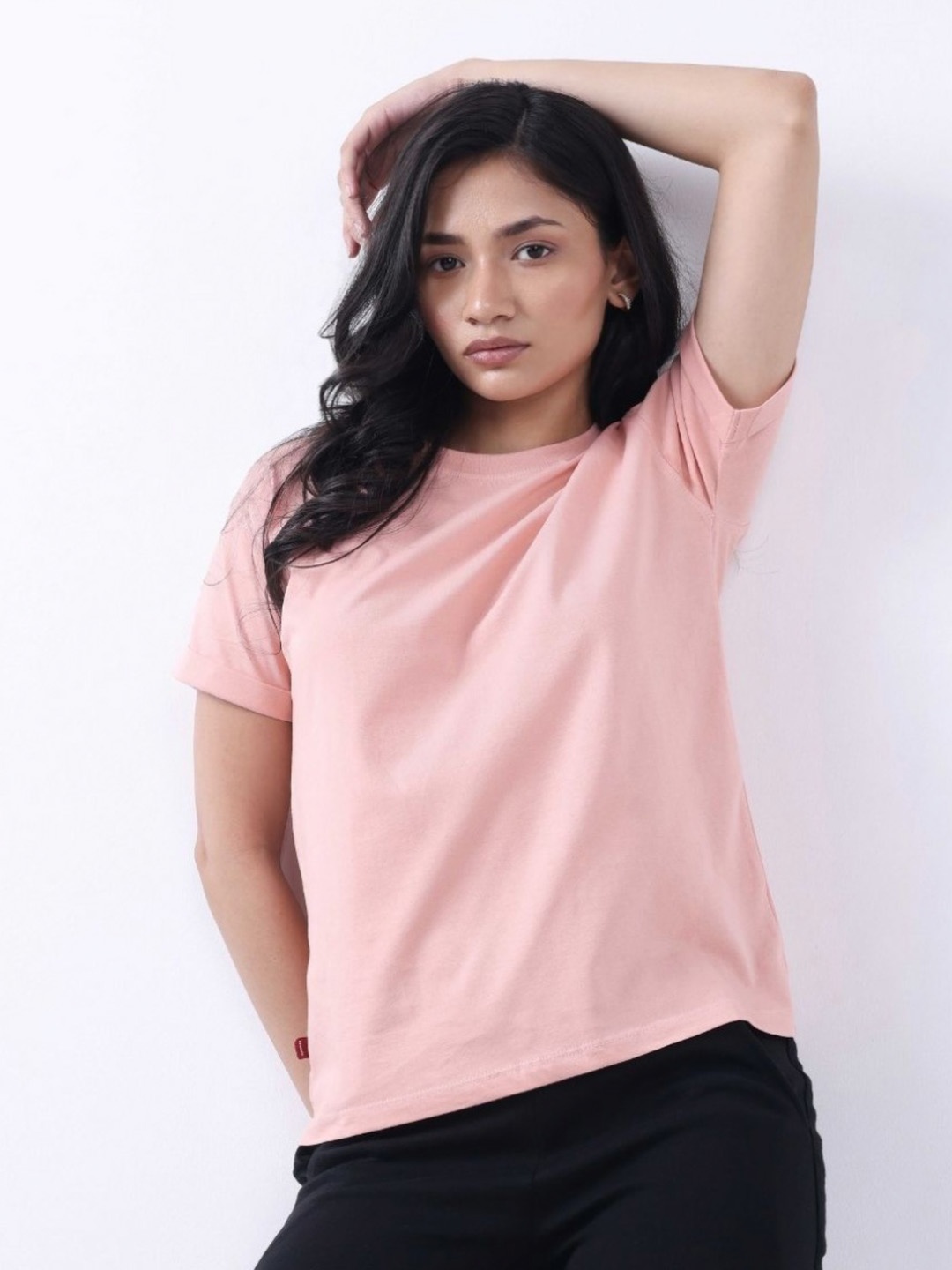 

Bonnaty Women Solid Round Neck Cotton T-shirt, Peach
