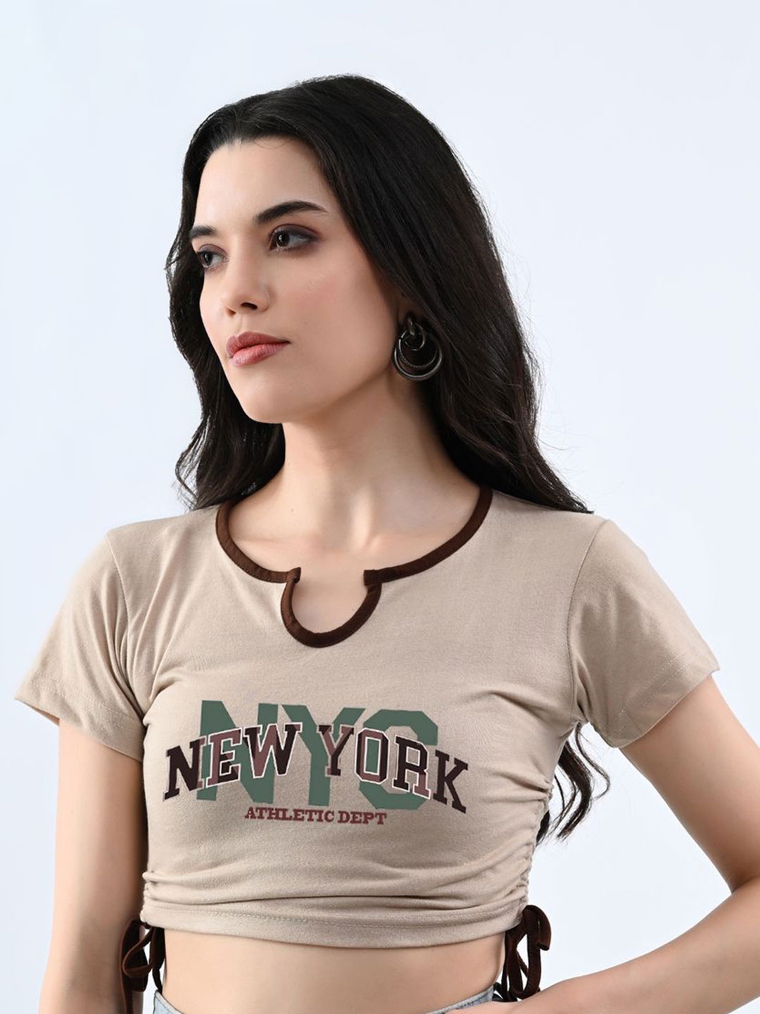 

Moda Rapido Printed Cotton Crop Fitted Top, Beige