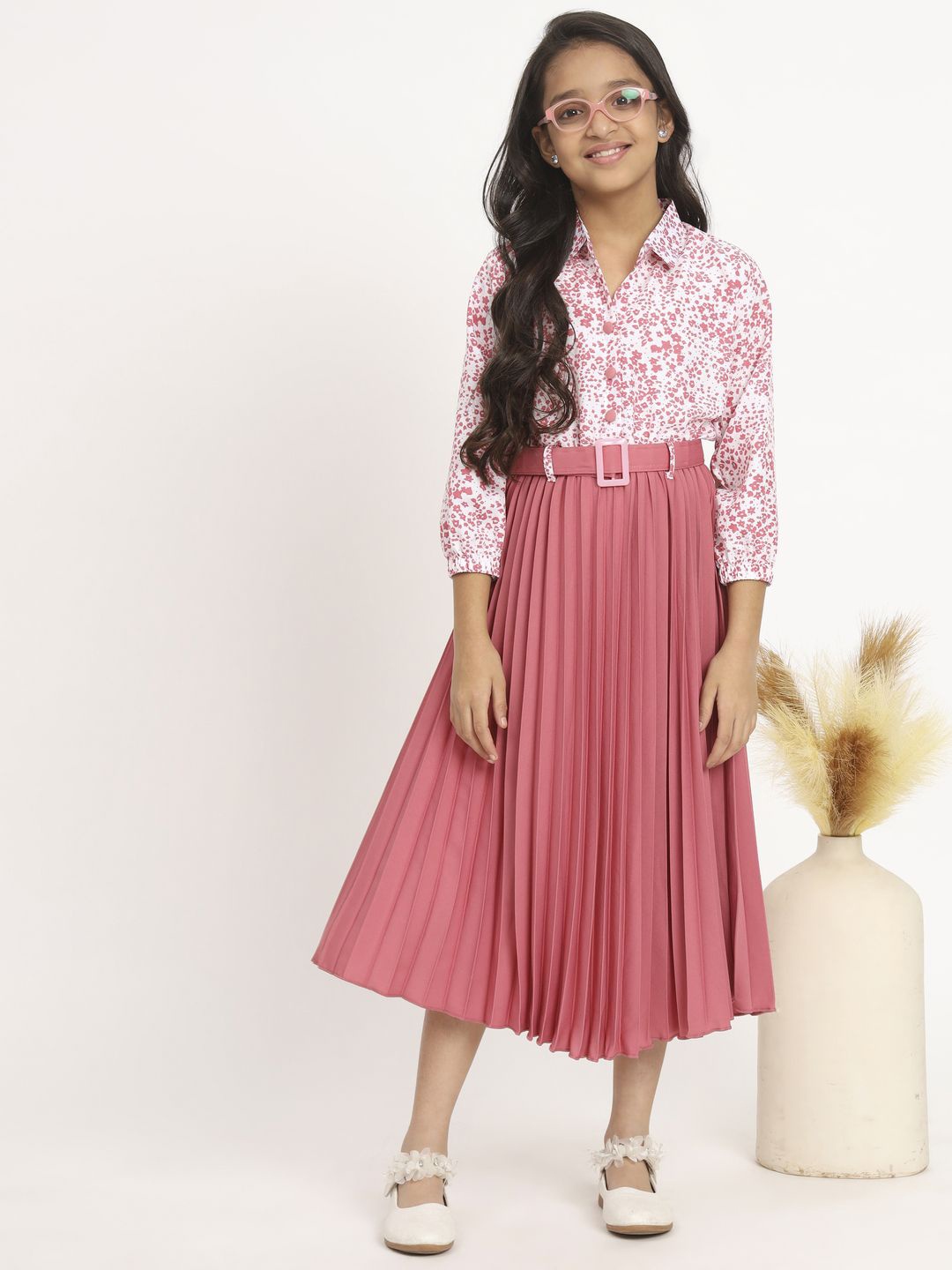 

ZWERLON Girls Floral Print A-Line Midi Dress, Peach