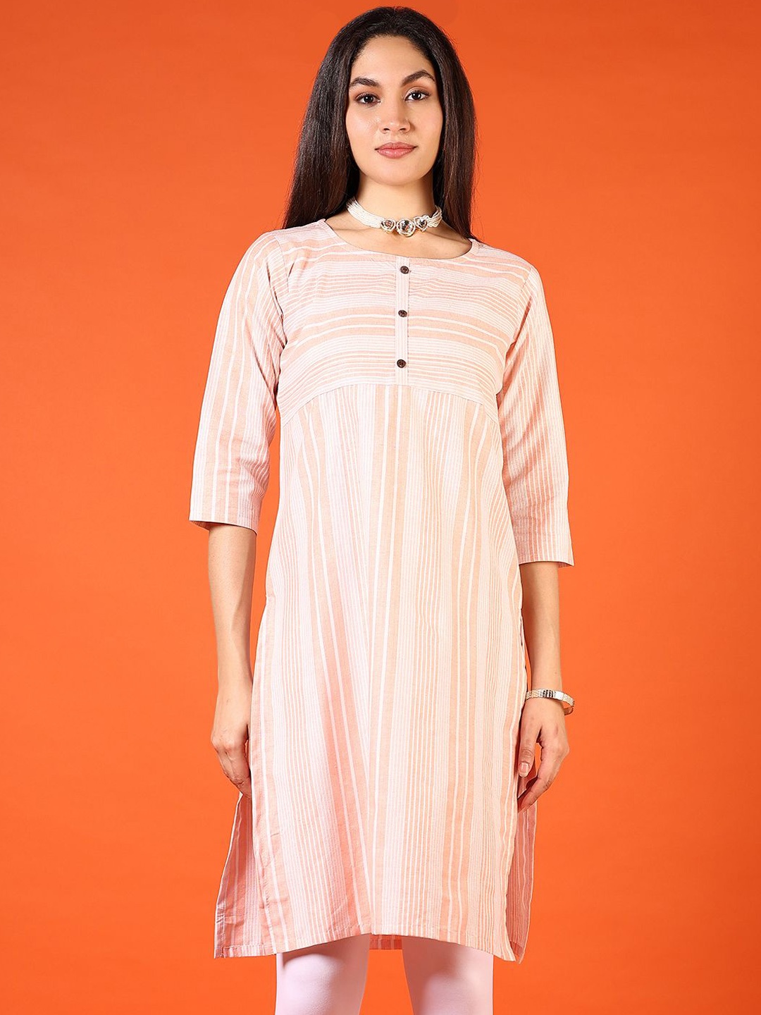 

V-Mart Striped Round Neck Cotton Straight Kurta, Peach