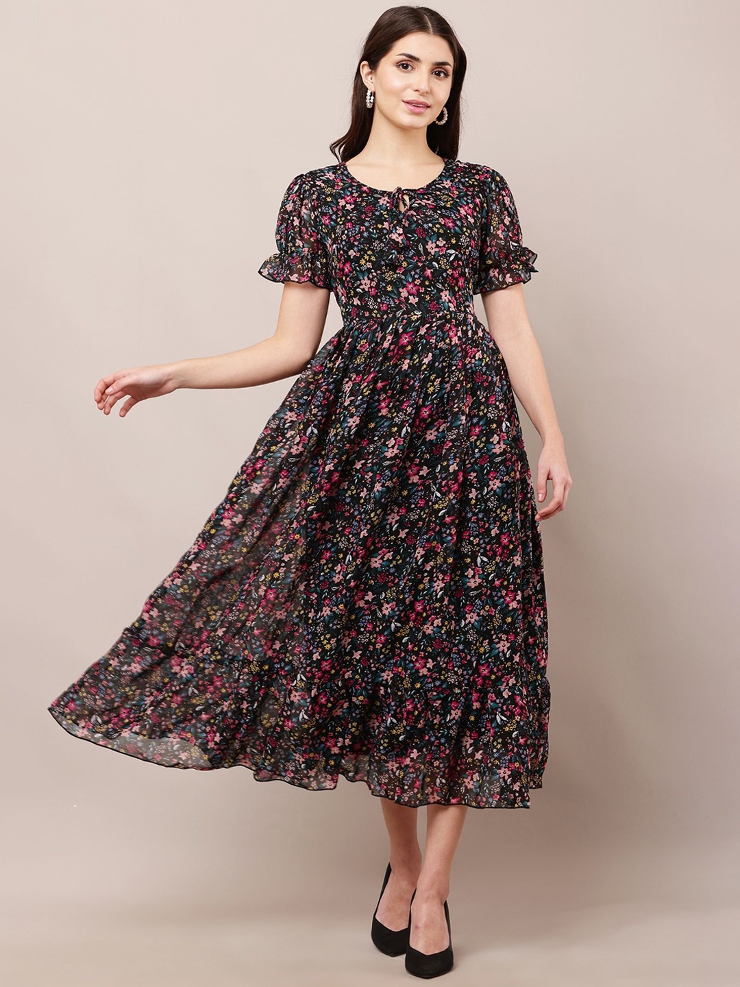 

Bright Nex Women Floral Printed Puff Sleeve Fit & Flare Maxi Dress, Black
