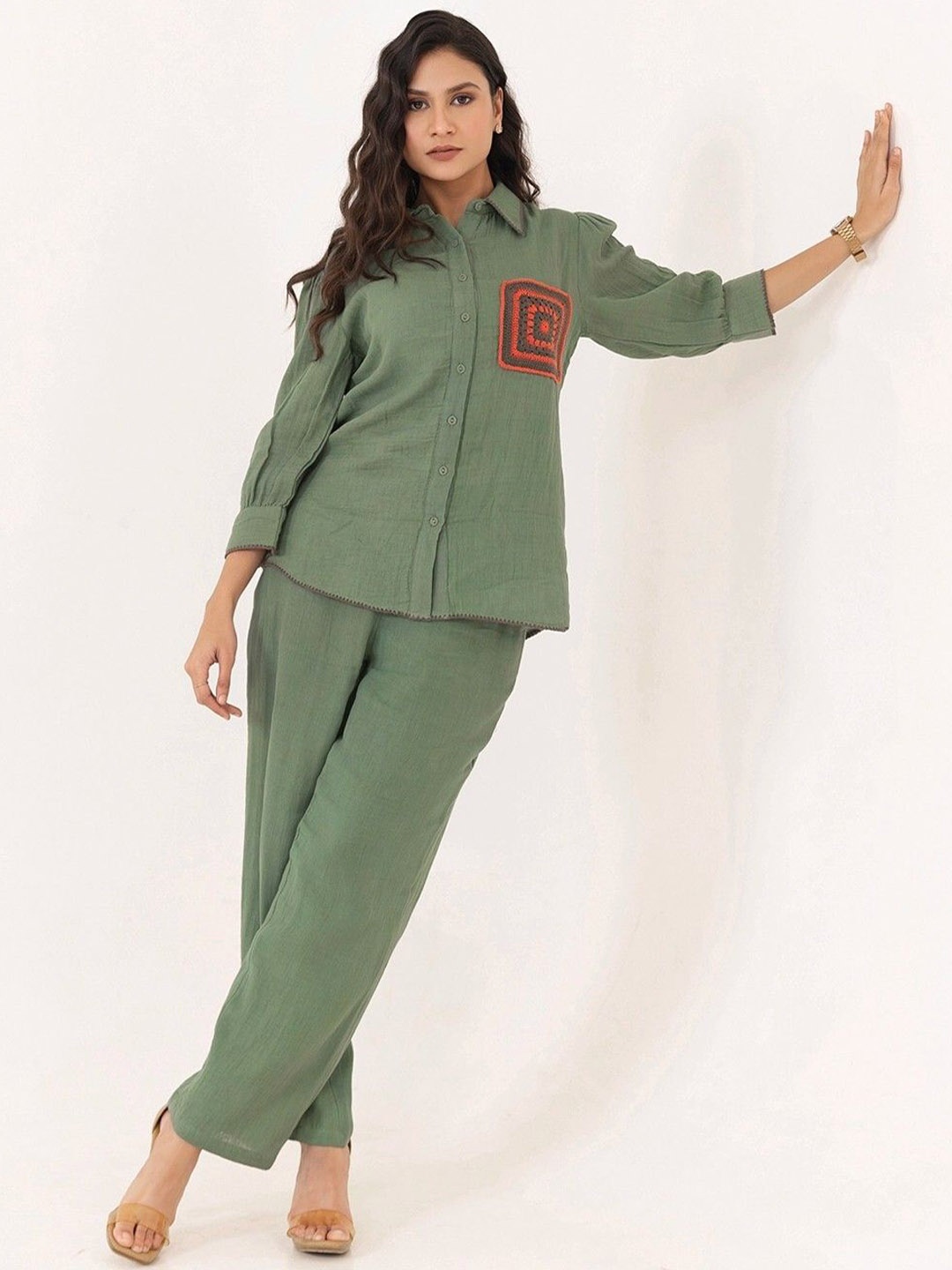 

CUSTARD Embroidered Pure Cotton Top With Trousers, Green