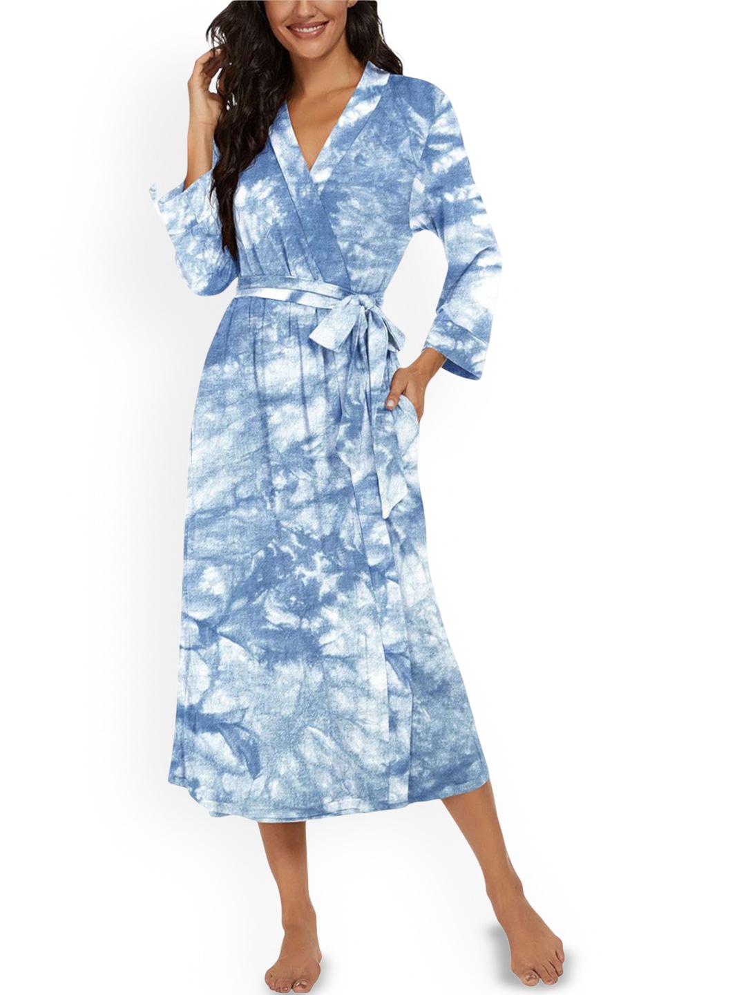 

Beera Printed Shawl Collar Neck Belted Robe, Blue