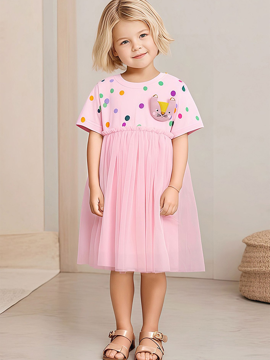 

LULU & SKY Girls Polka Dot Print Cotton Fit & Flare Dress, Pink
