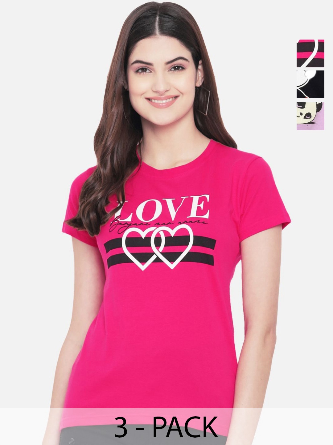 

Dreambe Women Pack Of 3 Mickey Mouse Graphic Printed Round Neck Cotton T-shirts, Pink