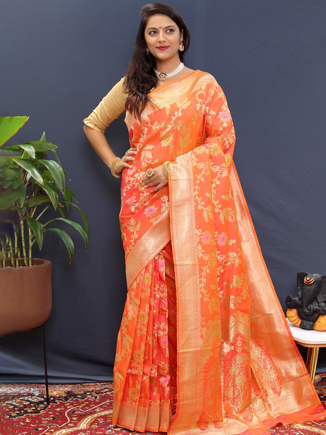 

Kandora Woven Design Zari Pure Silk Banarasi Saree, Orange