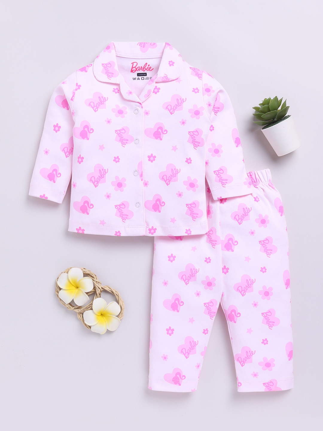 

YK X Tinyo Infant Girls Barbie Printed Pure Cotton Night suit, Pink