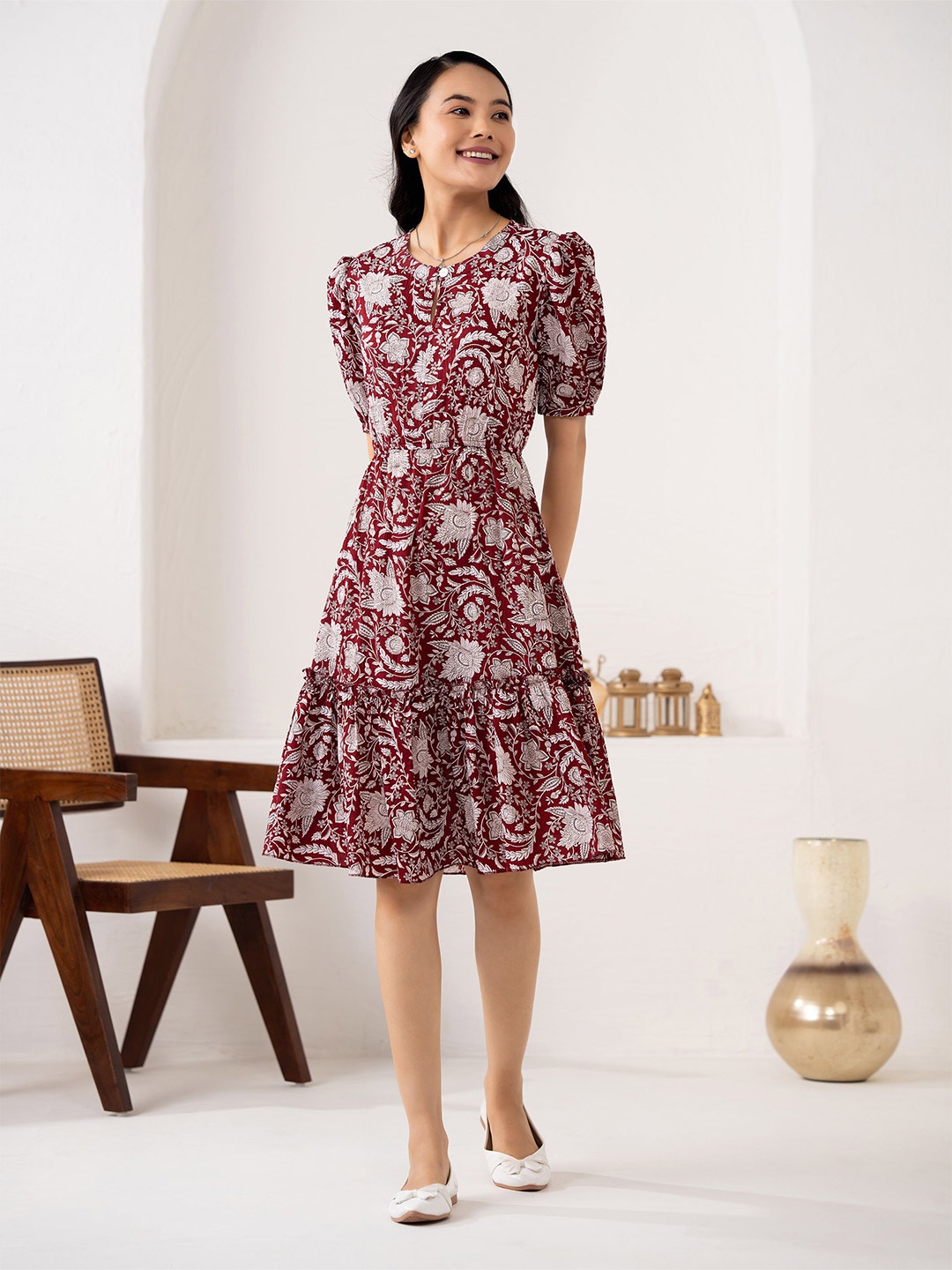 

DressBerry Women Floral Printed Fit & Flare Dress, Maroon