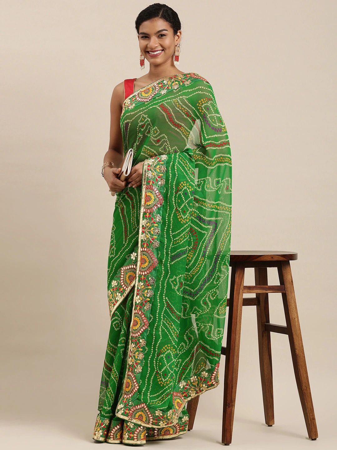 

DIVASTRI Bandhani Gotta Patti Poly Georgette Bandhani Saree, Green