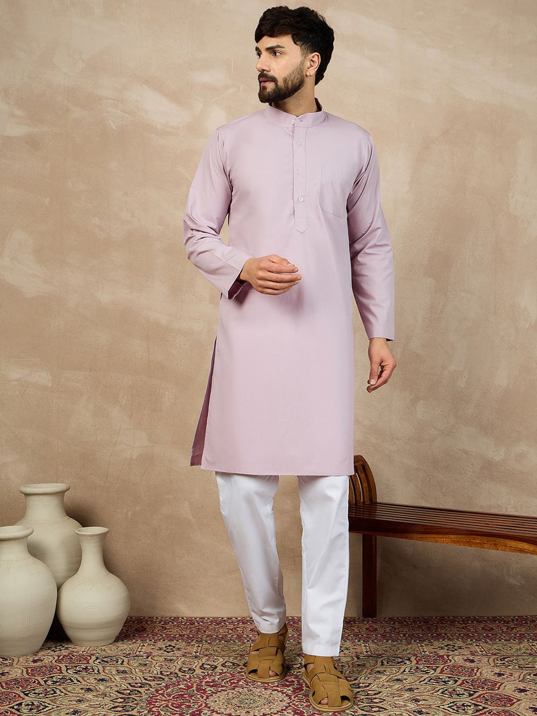 

NABIA Band Collar Pure Cotton Straight Kurta, Lavender